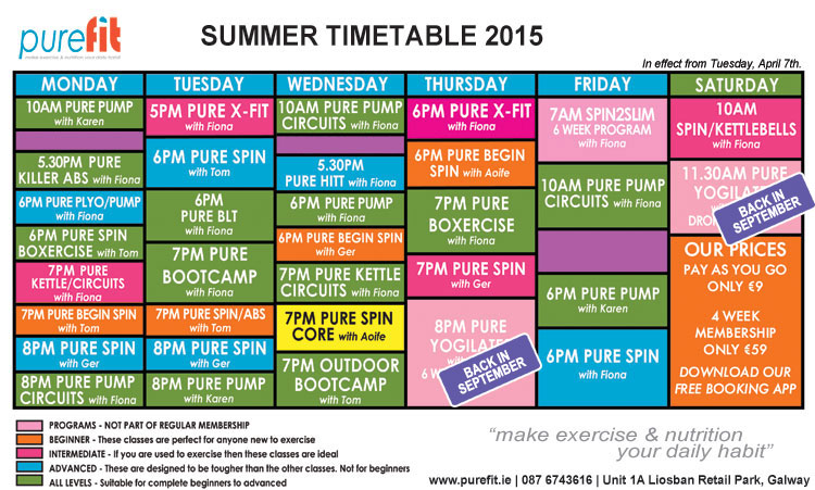 Purefit Summer 2015 timetable